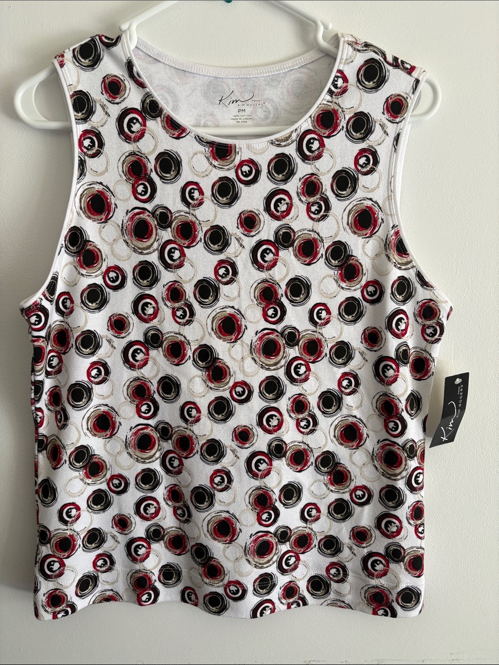 Kim Rogers White Tank Top with Red and Black Circle Print